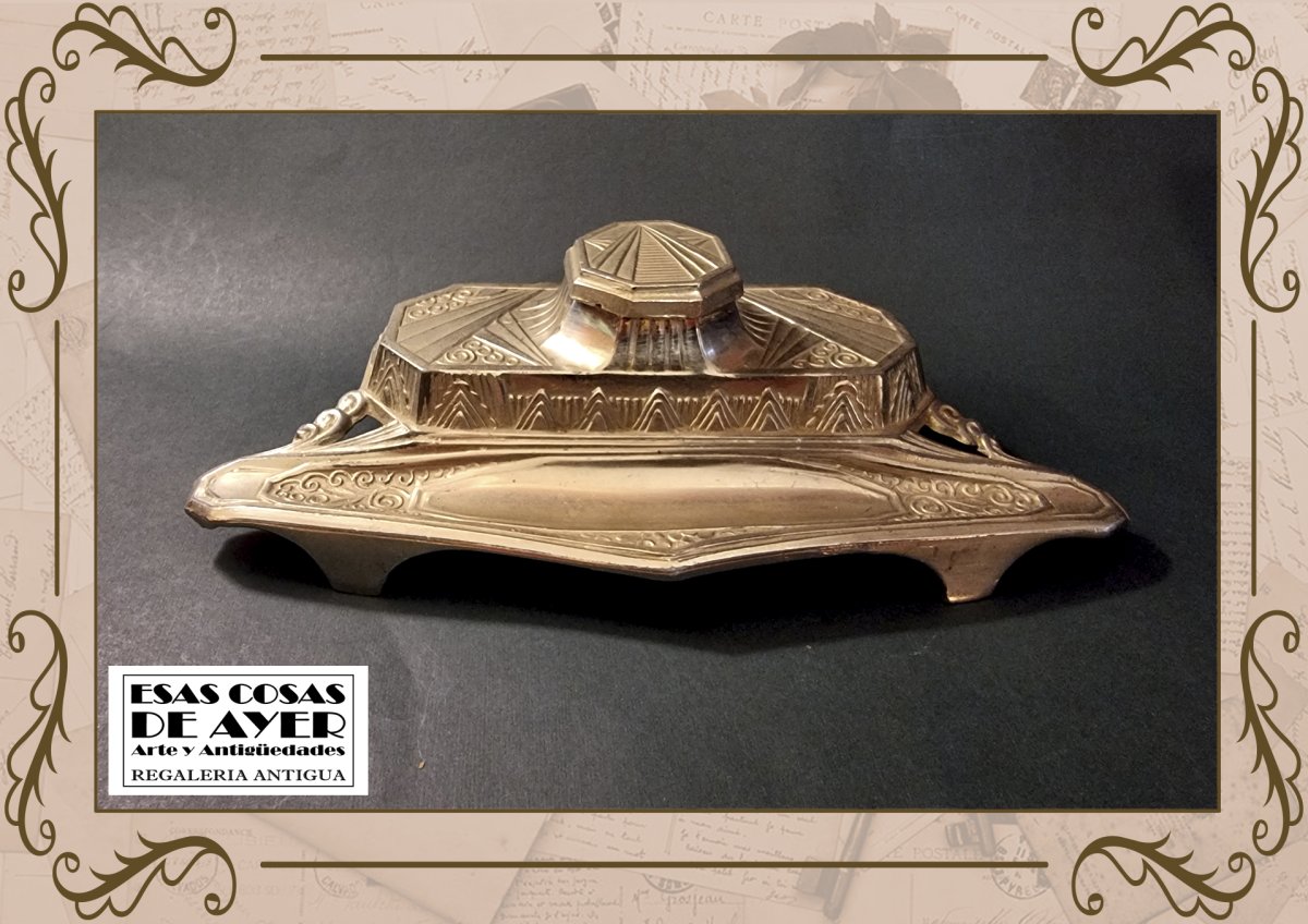 Antiguo tintero Art Deco en peltre
