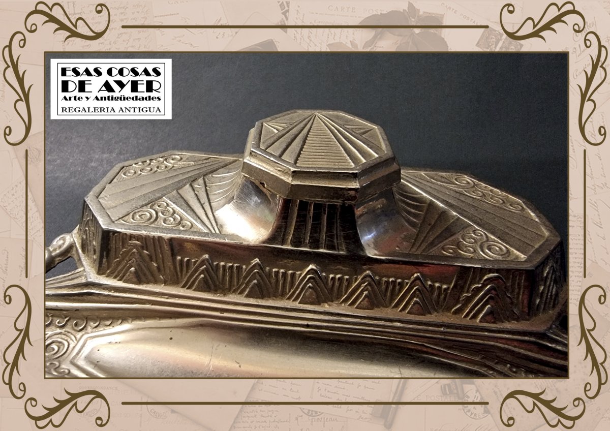 Antiguo tintero Art Deco en peltre, foto 2 de 3