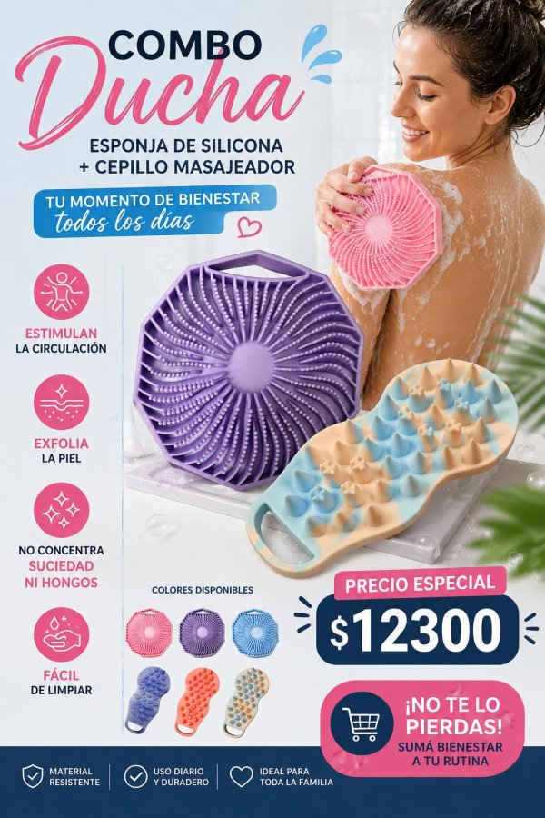 SET DUCHA ESPONJA SILICONA + MASAJEADOR