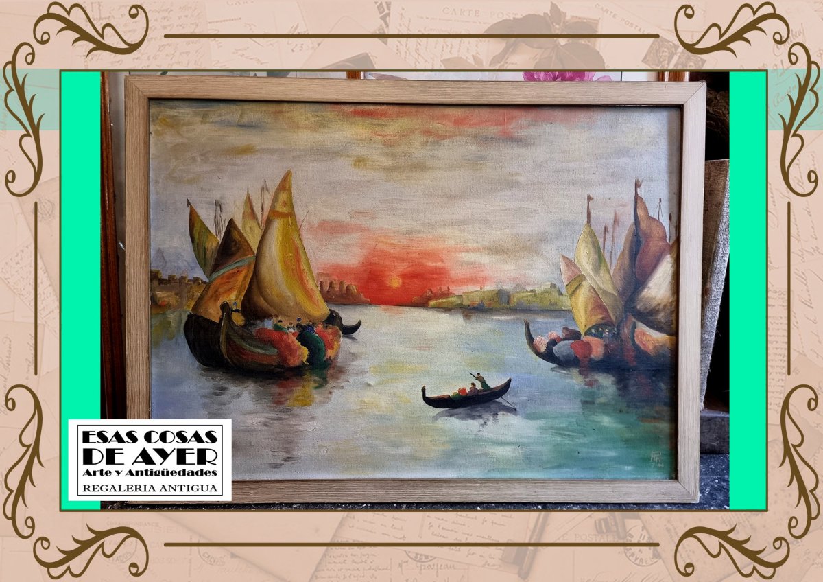 Magnifico oleo sobre tela - Barcos