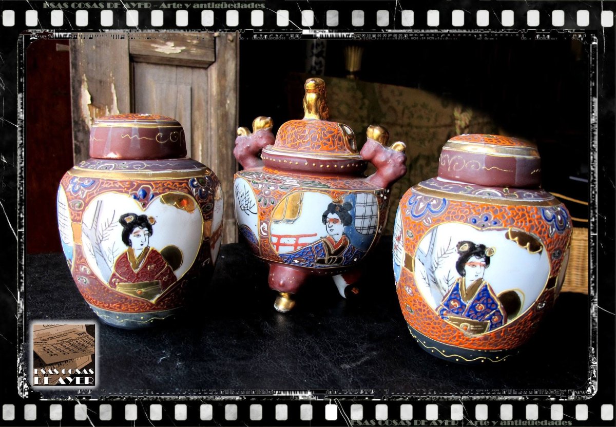 Sahumador y dos potiches orientales porcelana Satsuma