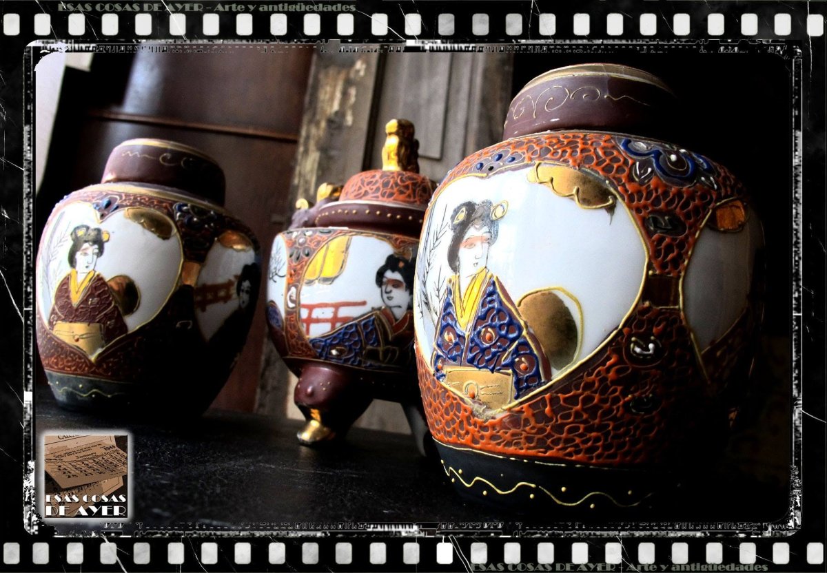 Sahumador y dos potiches orientales porcelana Satsuma, foto 2 de 3