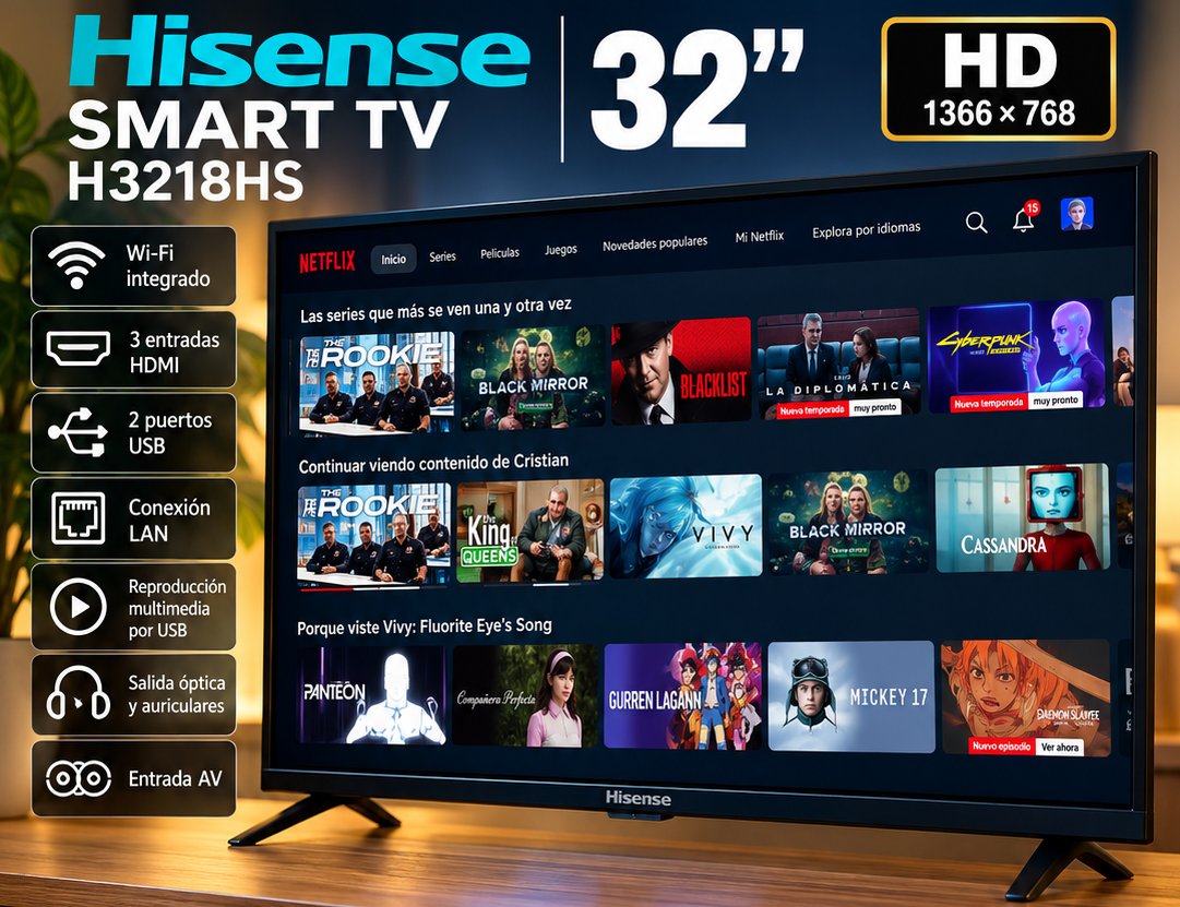 📺 Smart TV Hisense 32" H3218HS – WiFi + Control + Soporte de pared